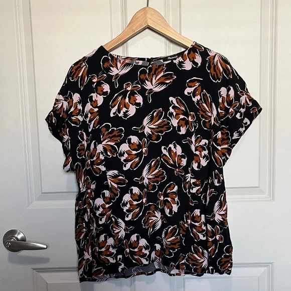Madewell Black Floral Short Sleeve Blouse with Brown & Pink Accents PLUS SIZE - Picture 1 of 8